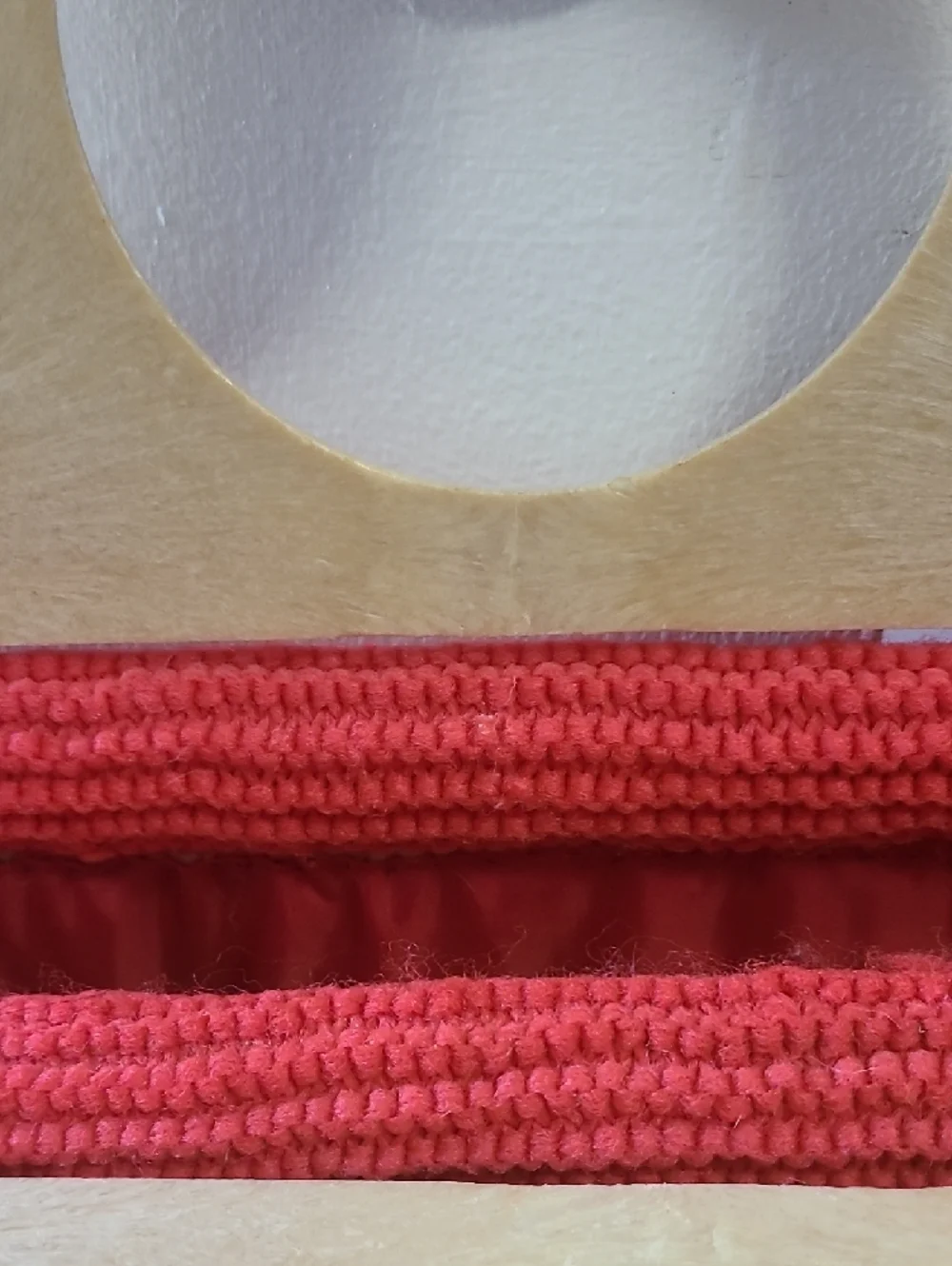 Handmade Crochet Tote Bag with Wooden Handles - Red, Blue & Cream - Picture 3 of 3